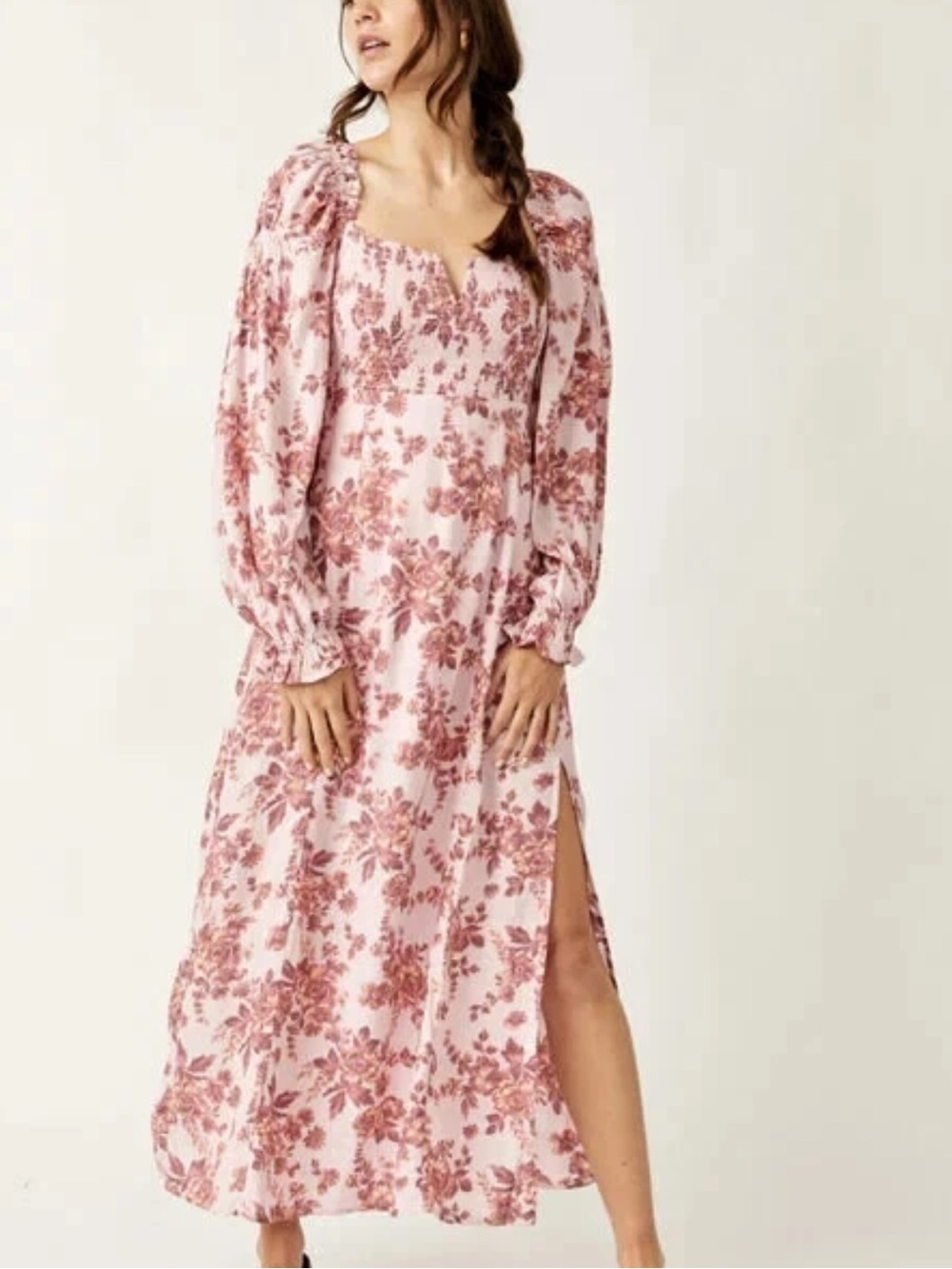 Free People Jaymes Midi Dress Floral Printed Smocked Multicolor Pink Sz S